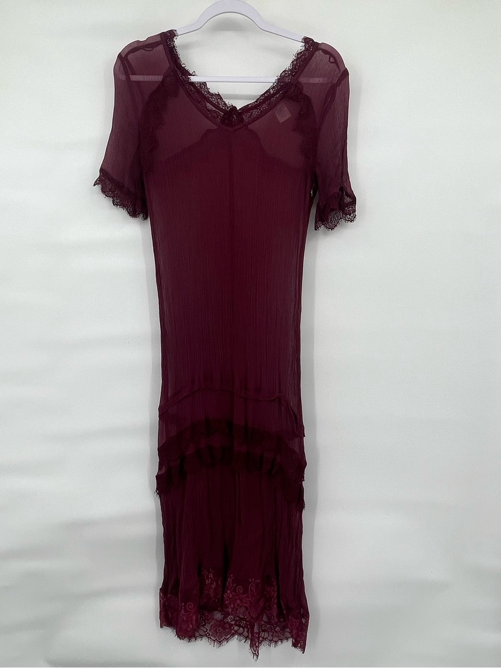 Sundance rayon burgundy drop waist lace ruffle dress